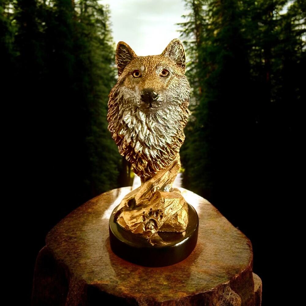 Bronze Timber Wolf Sculpture-Marble Base-K. Cantrell-Wildlife Art Bust-Lodge-VTG